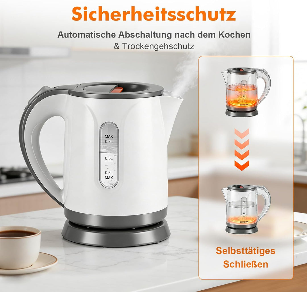 GRIFEMA Wasserkocher Klein, 0,8L, 1100W - Teekocher Elektrisch mit Kalkfilter, Kettle Leise, Schnell