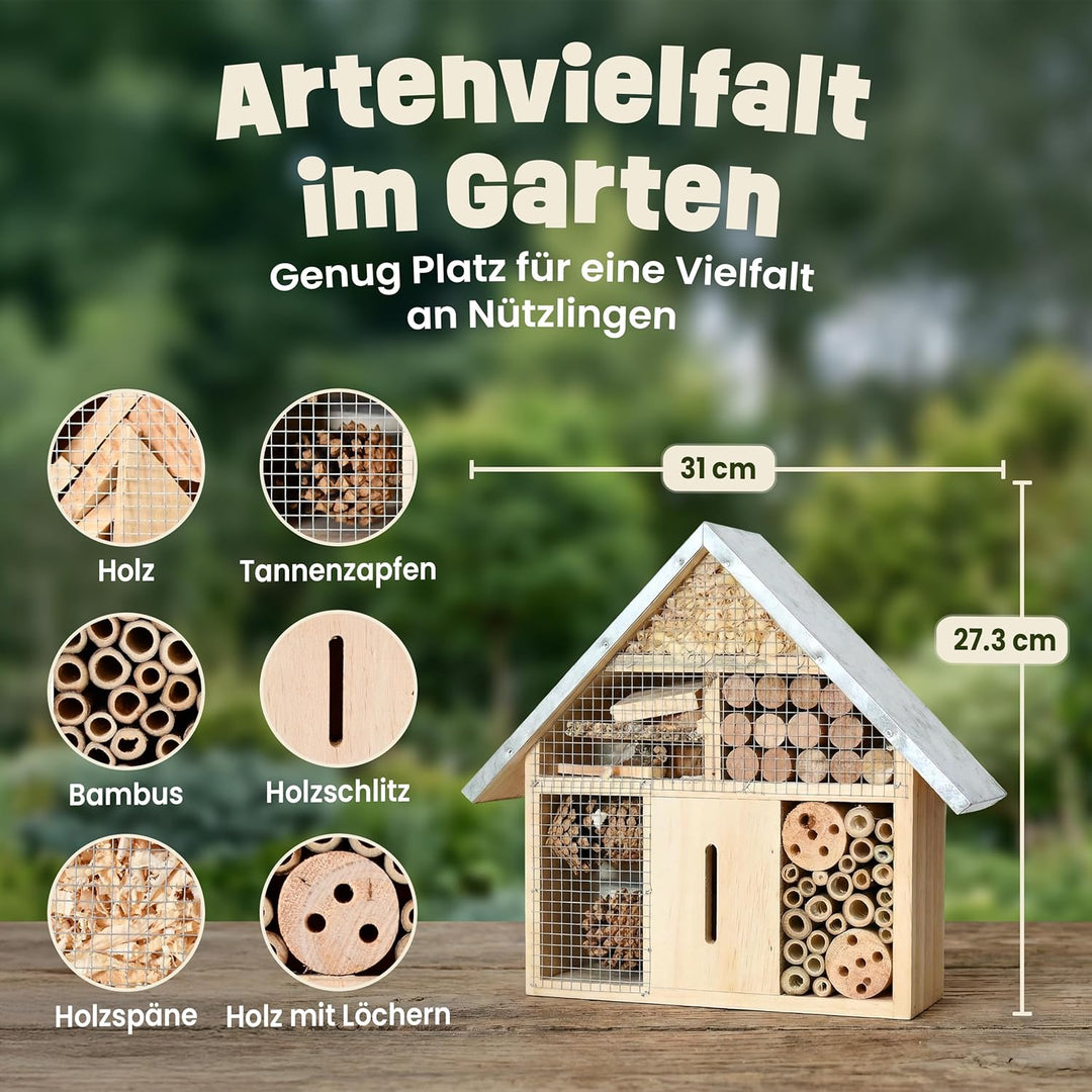 zooprinz Insektenhotel klein mit Metalldach – Insektenhaus/Bienenhotel aus Holz mit Bambus Röhrchen