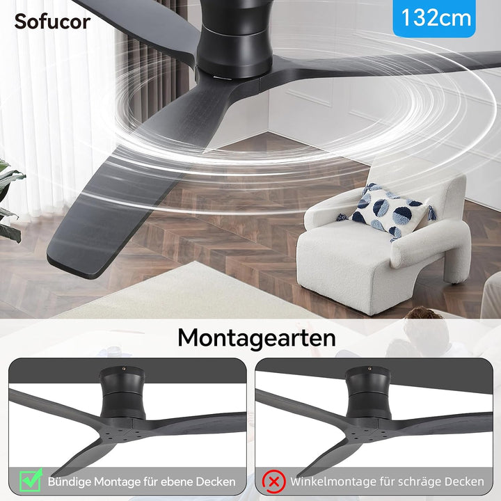 Sofucor 132cm Deckenventilator mit Fernbedienung, Massivholz Deckenventilator ohne Licht, Leise DC M