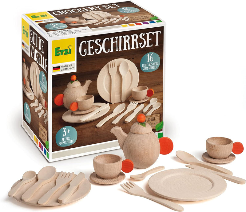 Erzi 10678 Geschirrset Natur aus Holz, Kinderküche, Kaufladenartikel für Kinder, Rollenspiele