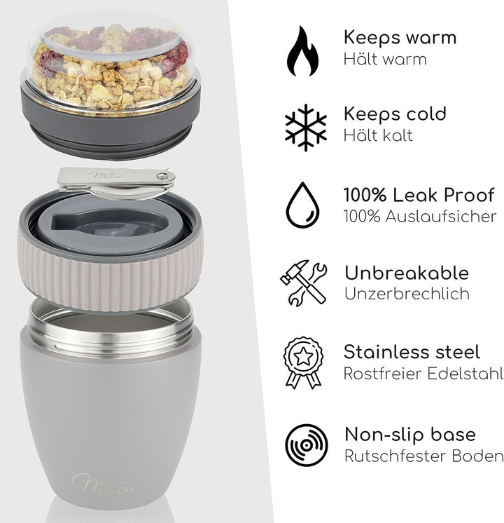 Milu Müslibecher to go 400ml I isolierter Edelstahl Joghurtbecher für Müsli I auslaufsicherer Becher
