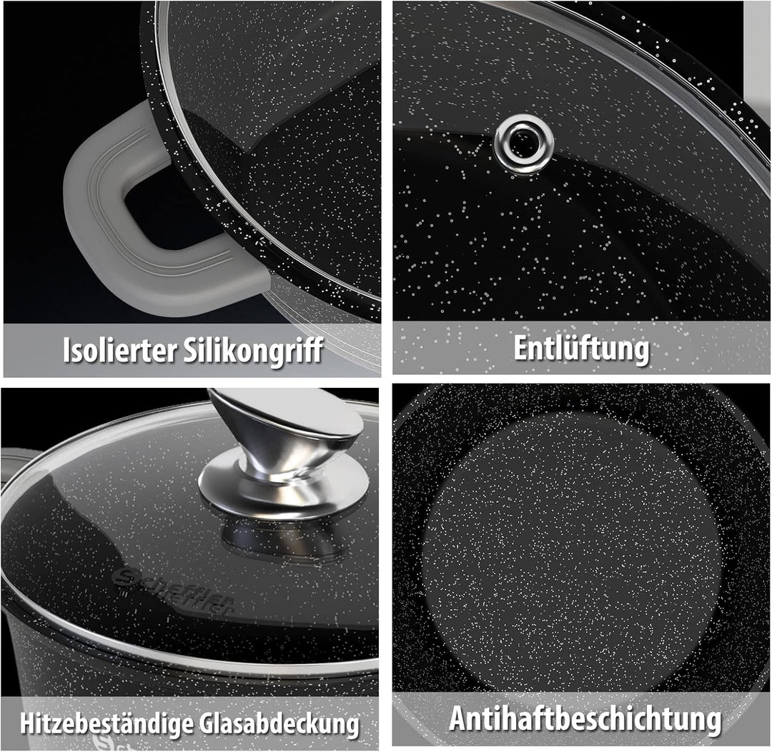 Topf Scheffler Kochtopf 28cm 6L mit Glasdeckel, Schmortopf mit Antihaftbeschichtung, Bratentopf Indu