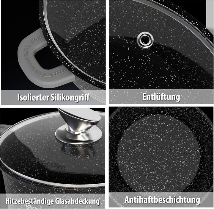 Topf Scheffler Kochtopf 28cm 6L mit Glasdeckel, Schmortopf mit Antihaftbeschichtung, Bratentopf Indu