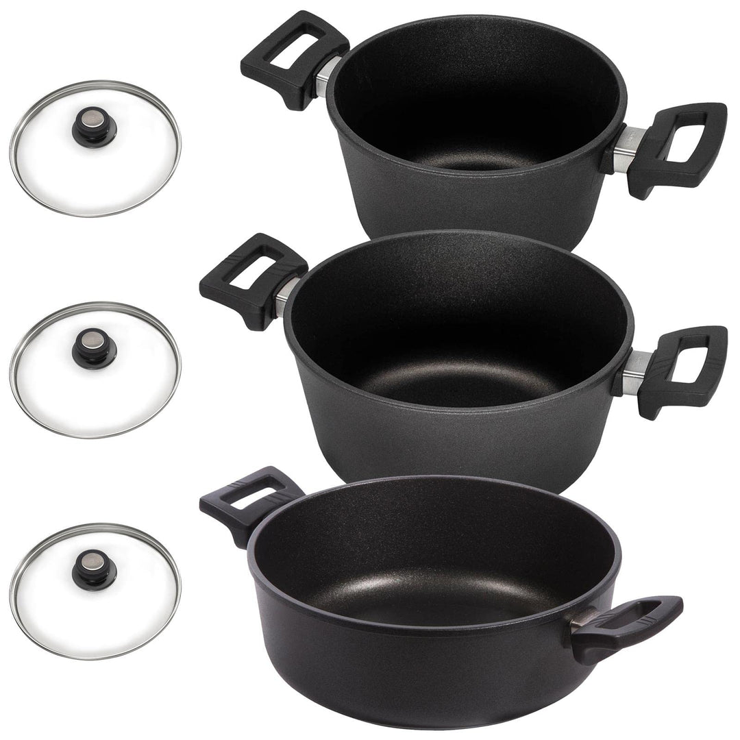Eurolux Universal-Topfset Induktion Aluguss beschichtet 6-teilig - schwarze Koch-Töpfe Set & Glas-De