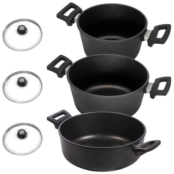 Eurolux Universal-Topfset Induktion Aluguss beschichtet 6-teilig - schwarze Koch-Töpfe Set & Glas-De