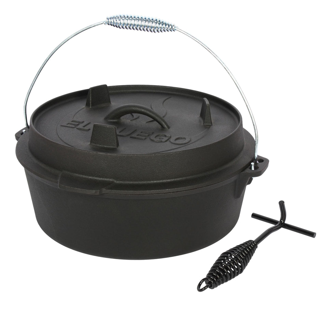 Dutch Oven 7,3 Liter von El Fuego®, 100% Gusseisen, inkl. Schürhaken und Tragebügel, Camping & Outdo