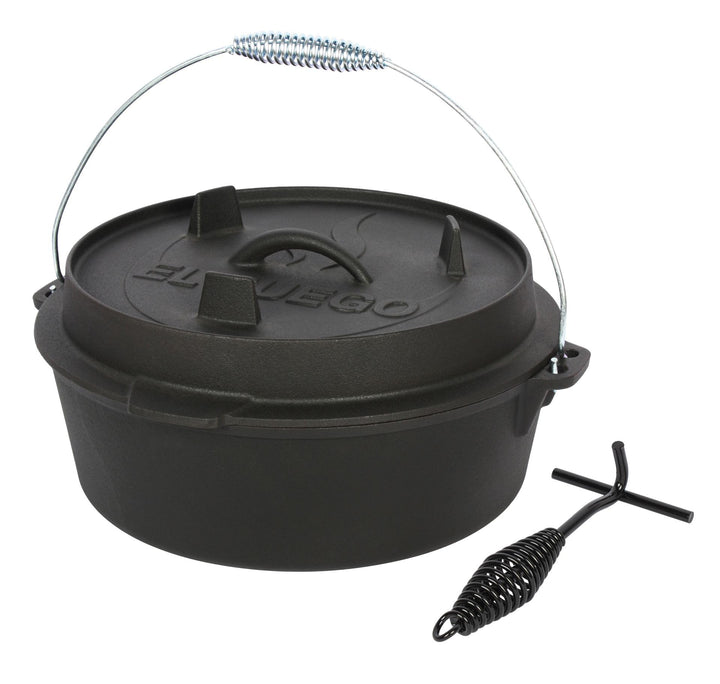 Dutch Oven 7,3 Liter von El Fuego®, 100% Gusseisen, inkl. Schürhaken und Tragebügel, Camping & Outdo