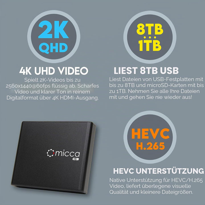 Micca Speck G3 2K Quad-HD Digitaler Media-Player für USB-Laufwerke und MicroSD-Karten, Digital Signa