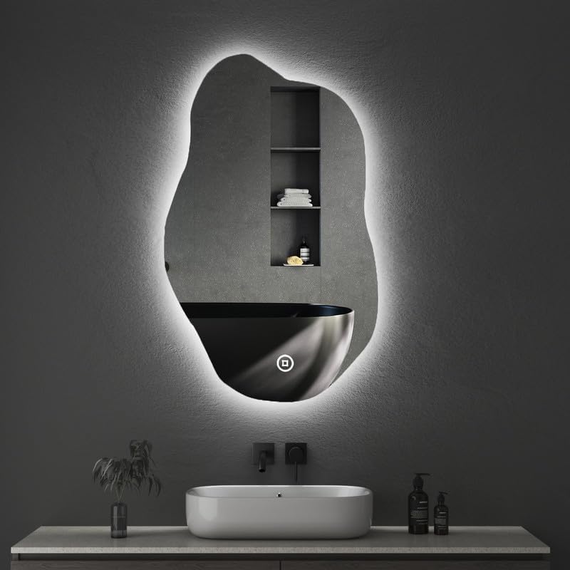 Boromal Asymmetrischer Spiegel mit LED Beleuchtung, Asymmetrischer Spiegel Badspiegel mit Beleuchtun