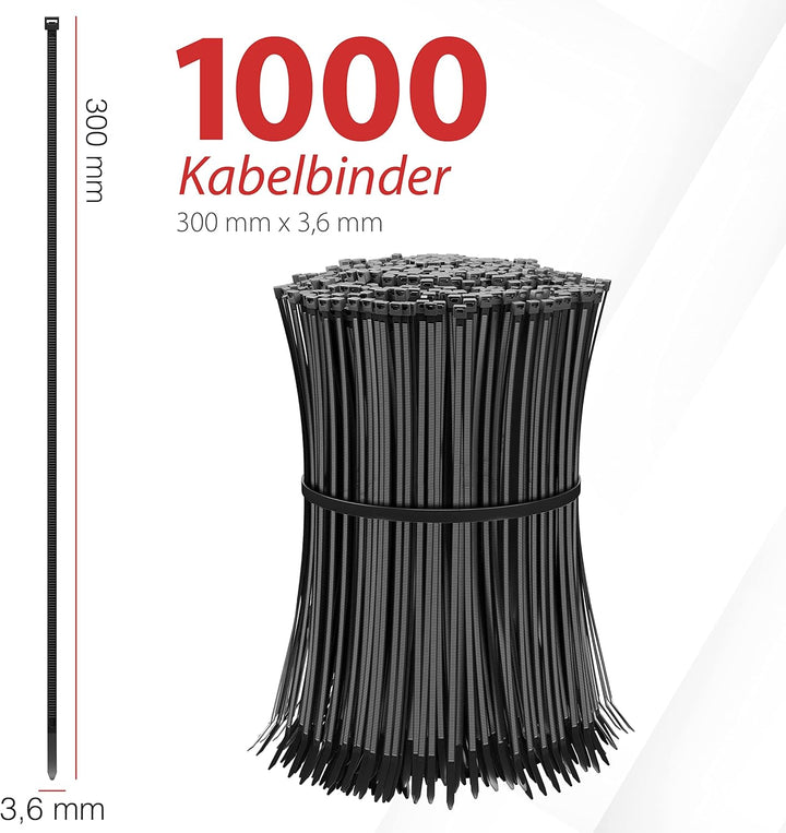 HeiKab 1000 Kabelbinder 300 x 3,6 mm - UV-Beständig - Mindestzugfestigkeit 180 N / 18,3 kg - Schwarz
