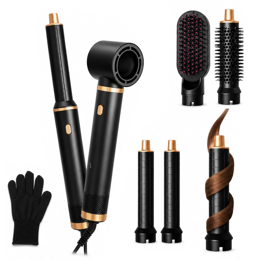 5 in 1 Hairstyler Warmluftbürste mit Aufsätzen - Rotierende Lockenbürste Elektrisch, Föhn Rundbürste