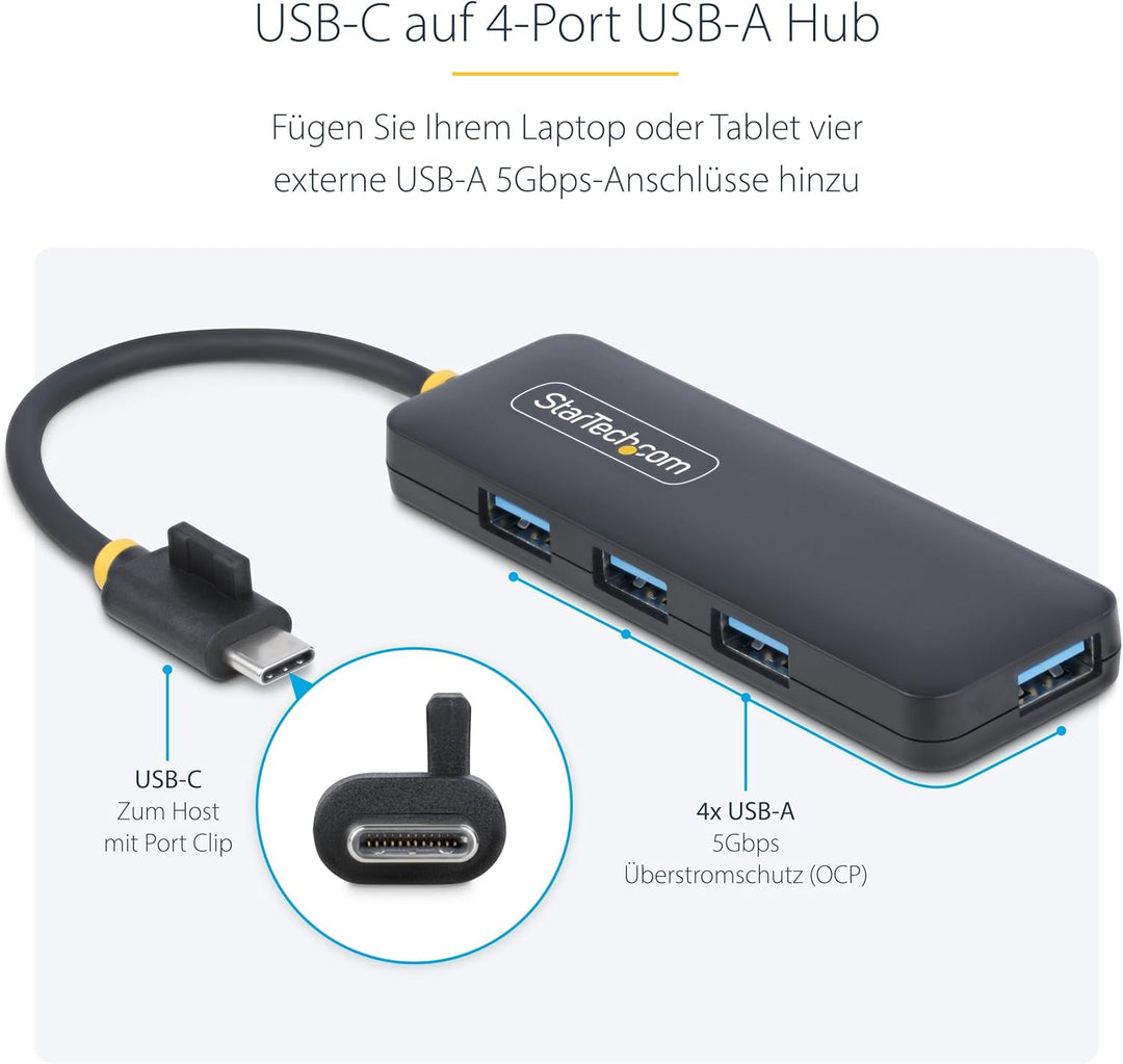 StarTech 4-Port USB-C Hub, USB-C zu 4X USB-A, Busbetrieben, Mini Hub, Multi-Port USB 3.0 Splitter, D