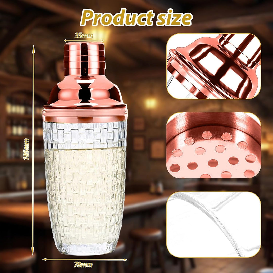 Cocktail Shaker Roségold, 400ml Cocktail Mixer, Shaker Edelstahl Cocktails, Glas Cocktailshaker, Ede
