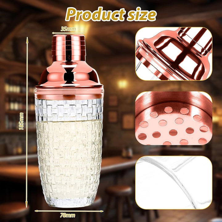 Cocktail Shaker Roségold, 400ml Cocktail Mixer, Shaker Edelstahl Cocktails, Glas Cocktailshaker, Ede