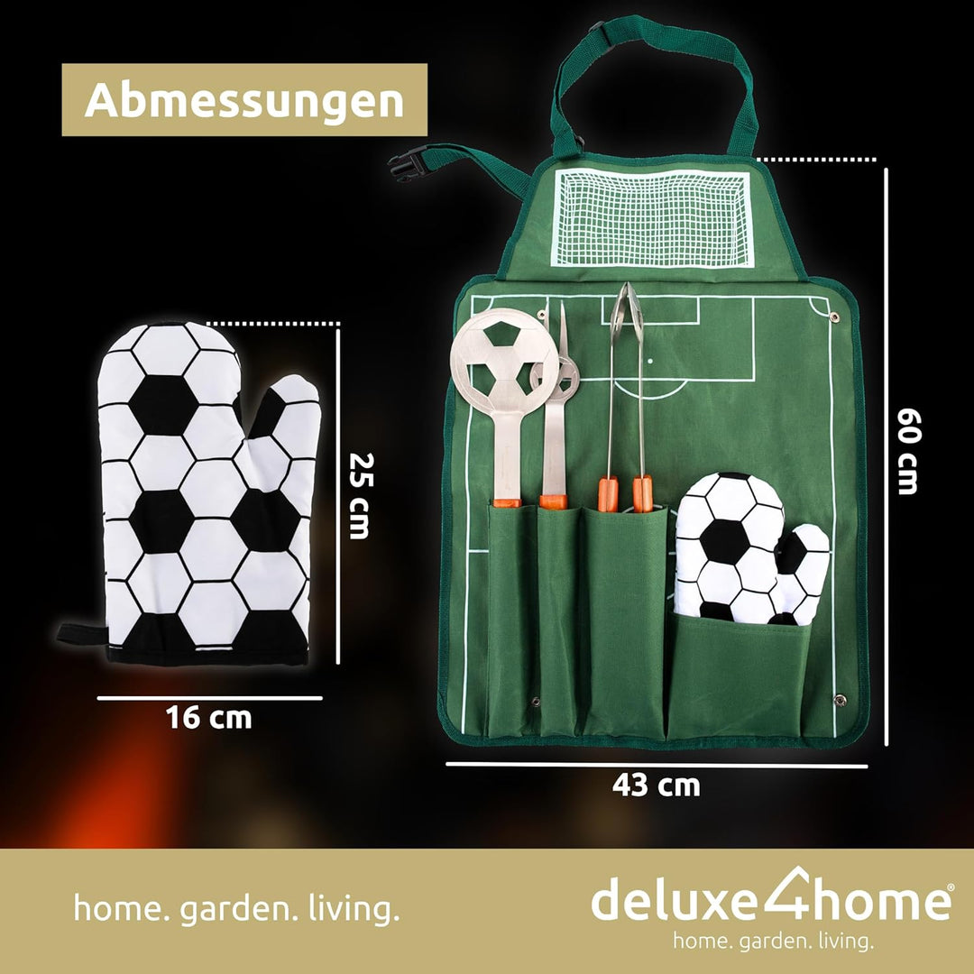 deluxe4home® Grillbesteck im Fussball-Look I Grillset inkl. Grillzange Grillwender Grillschürze Gril
