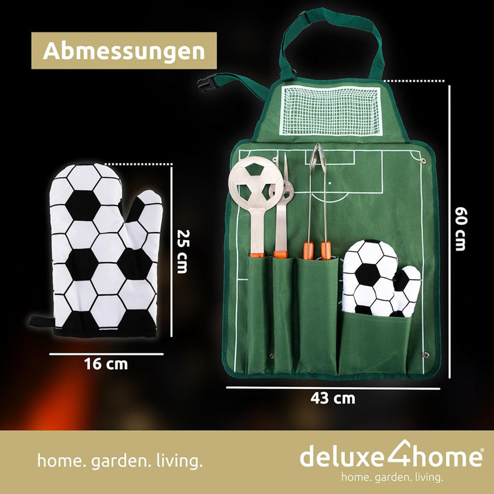 deluxe4home® Grillbesteck im Fussball-Look I Grillset inkl. Grillzange Grillwender Grillschürze Gril