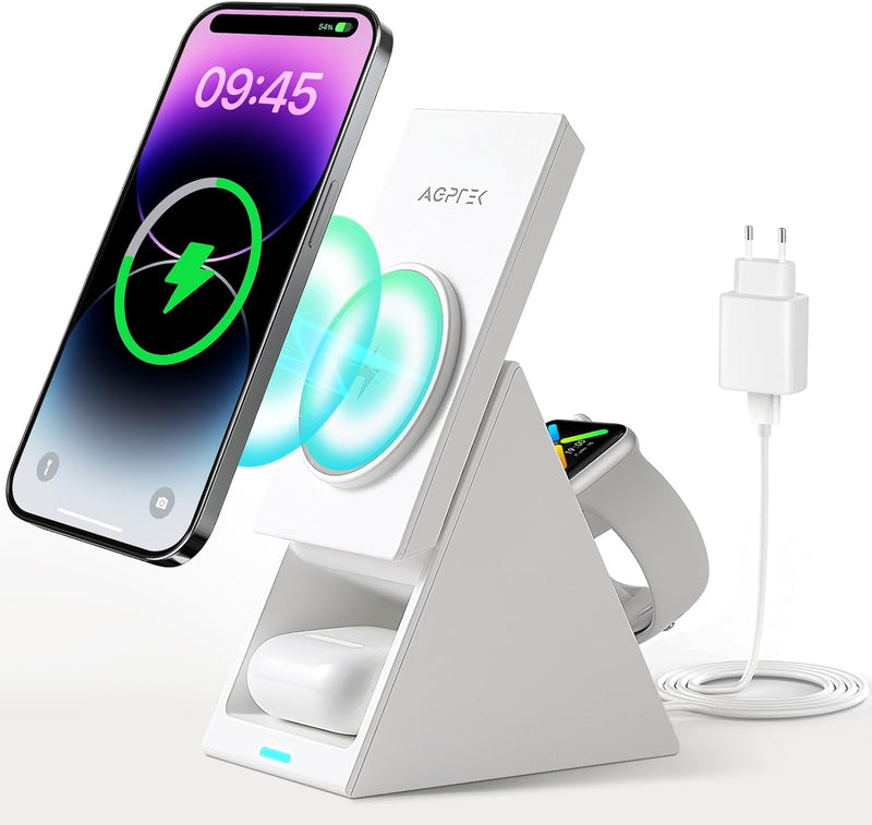 Mag-Safe Ladestation, AGPTEK 3 in 1 Wireless Charger, 15W Qi induktive Ladestation, Kabelloses Ladeg