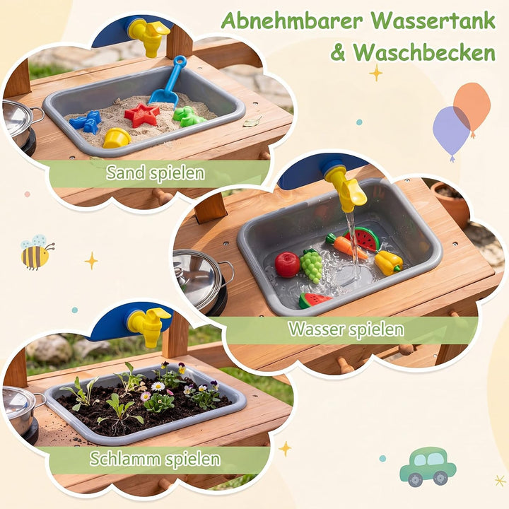 COSTWAY Matschküche Kinder Outdoor, Spielküche mit Wassertank &amp; Wasserhahn | Kinderküche mit Rädern,