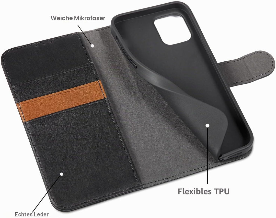 LENSUN Echtleder Hülle für iPhone 12, iPhone 12 Pro Handyhülle [Echtes Leder][Magnetverschluss][RFID