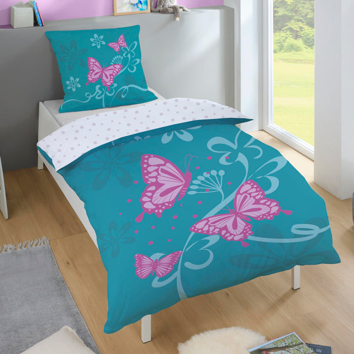 CTI - Bettwäsche Set Schmetterlinge 135x200 cm 80x80 cm Baumwolle türkis rosa Linon Wendebettwäsche