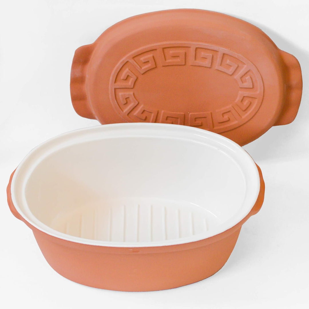 TerraStone Römertopf oval mit Deckel, Tonbräter 33x23cm, Terrakotta Bräter 33 cm, Bräter 33 cm