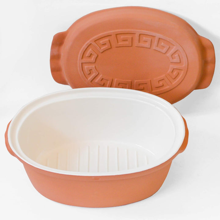 TerraStone Römertopf oval mit Deckel, Tonbräter 33x23cm, Terrakotta Bräter 33 cm, Bräter 33 cm