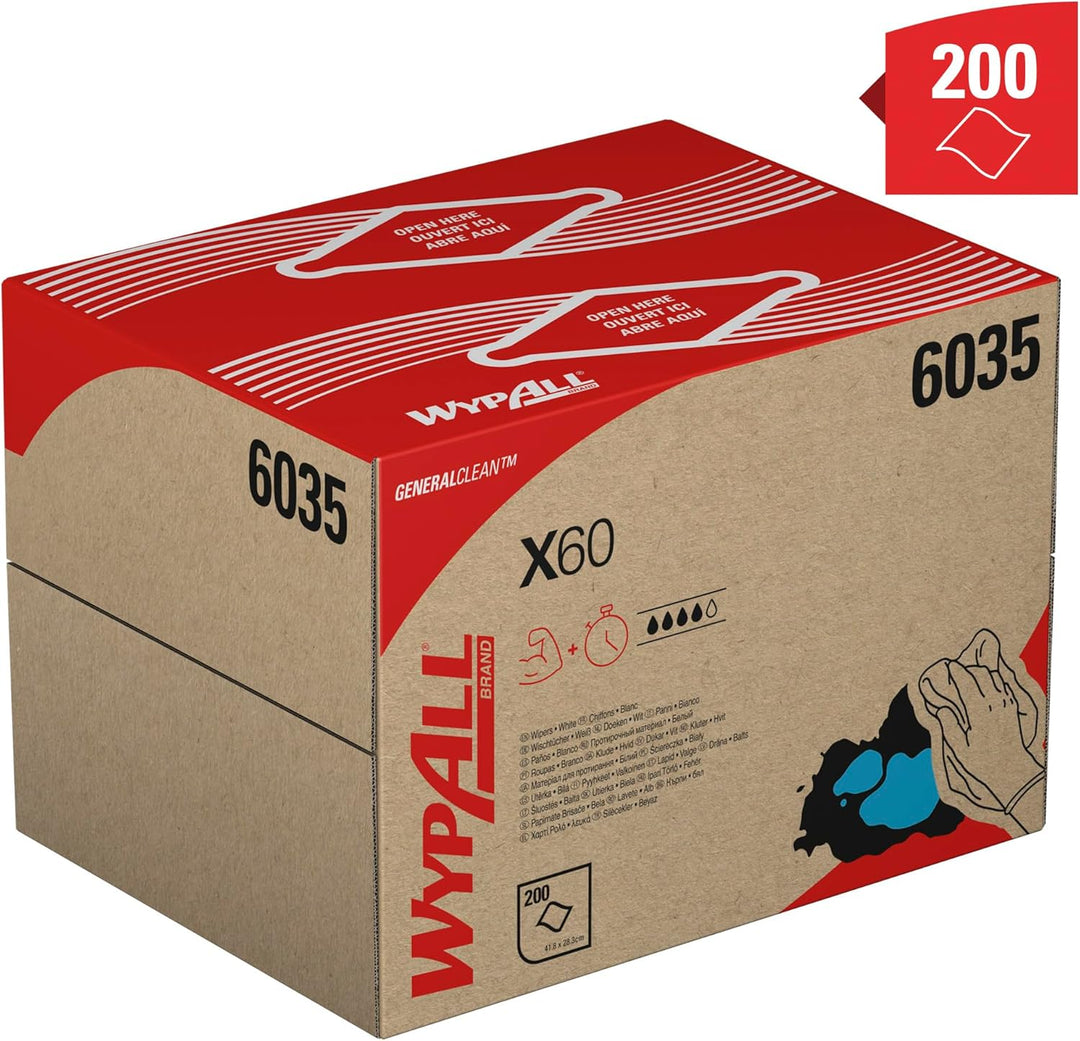 WypAll X60 General Clean-Tücher 6035 – Weisse Tücher – 1 BRAG-Box mit 200 weissen Tüchern 1 Box = 20