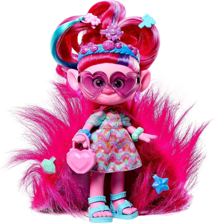 DREAMWORKS TROLLS Gemeinsam Stark – Hairsational Reveals Königin Poppy Modepuppe mit pelzigen Plüsch