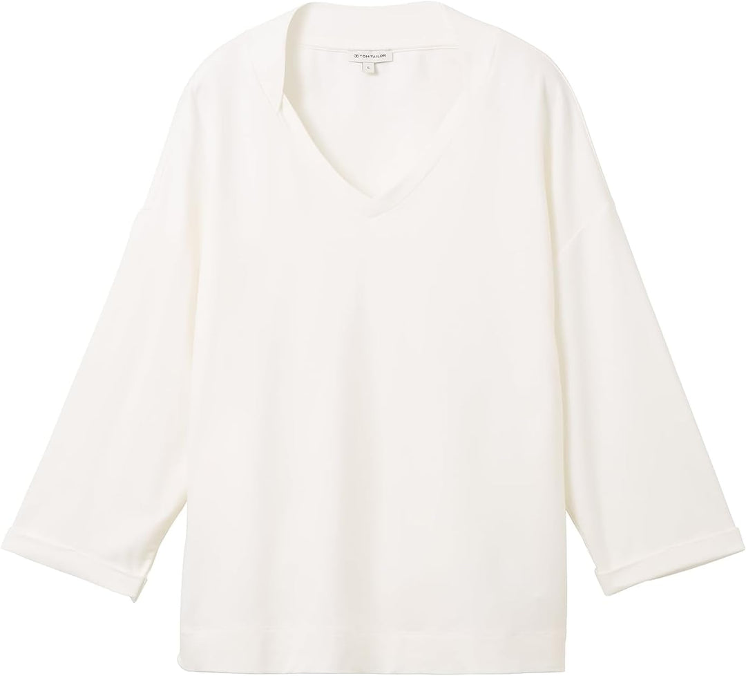 TOM TAILOR Damen Basic T-Shirt mit 3/4-Arm & V-Ausschnitt XL 10315-whisper White, XL 10315-whisper W