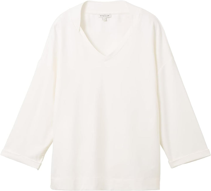 TOM TAILOR Damen Basic T-Shirt mit 3/4-Arm & V-Ausschnitt XL 10315-whisper White, XL 10315-whisper W
