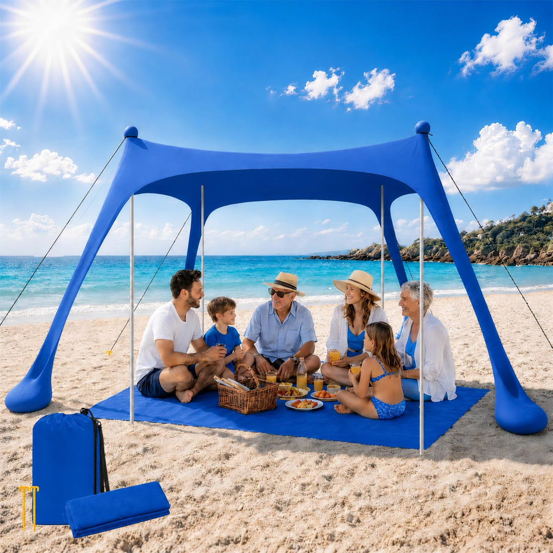 Strandzelt mit Strandmatte, LSF 50+ Hochschutz, 3x3x2m, inkl. Sandanker, Alu-Stangen & Tragetasche,