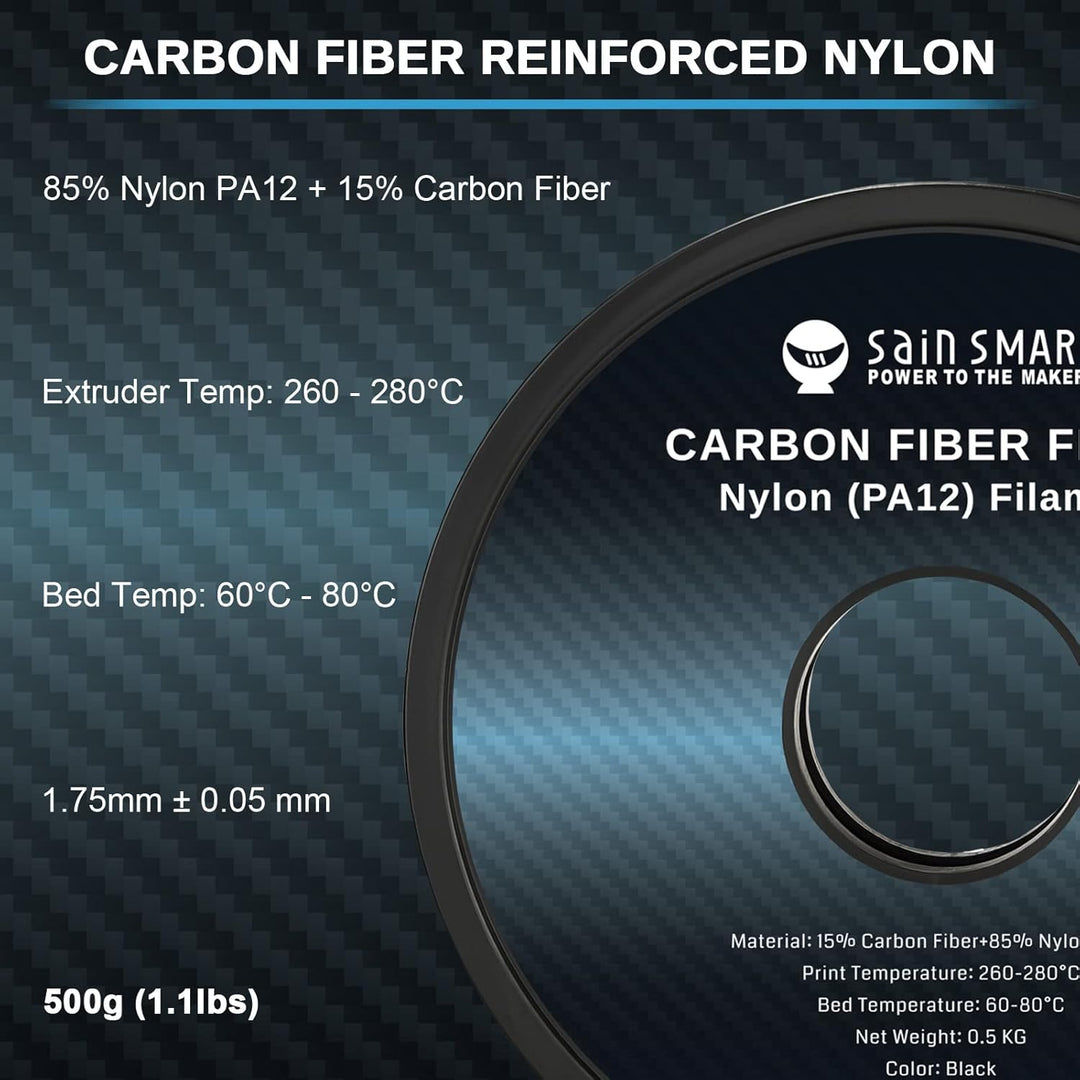 SainSmart ePA12-CF Carbon Faser Nylon Filament 1,75 mm, 0,5 kg, Massgenauigkeit +/- 0,05 mm, Schwarz