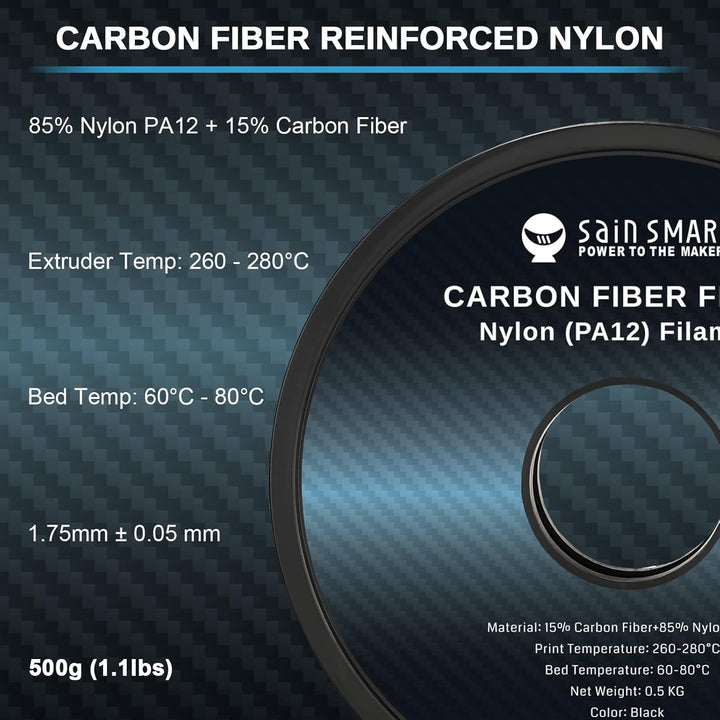 SainSmart ePA12-CF Carbon Faser Nylon Filament 1,75 mm, 0,5 kg, Massgenauigkeit +/- 0,05 mm, Schwarz