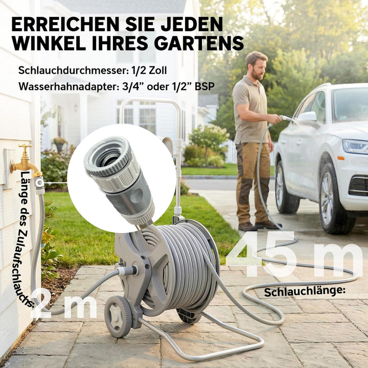 Outsunny Schlauchwagen 45 m Schlauchtrommel mit 2 Sprühfunktionen, Kurbel Schlauchführung Wasserhahn