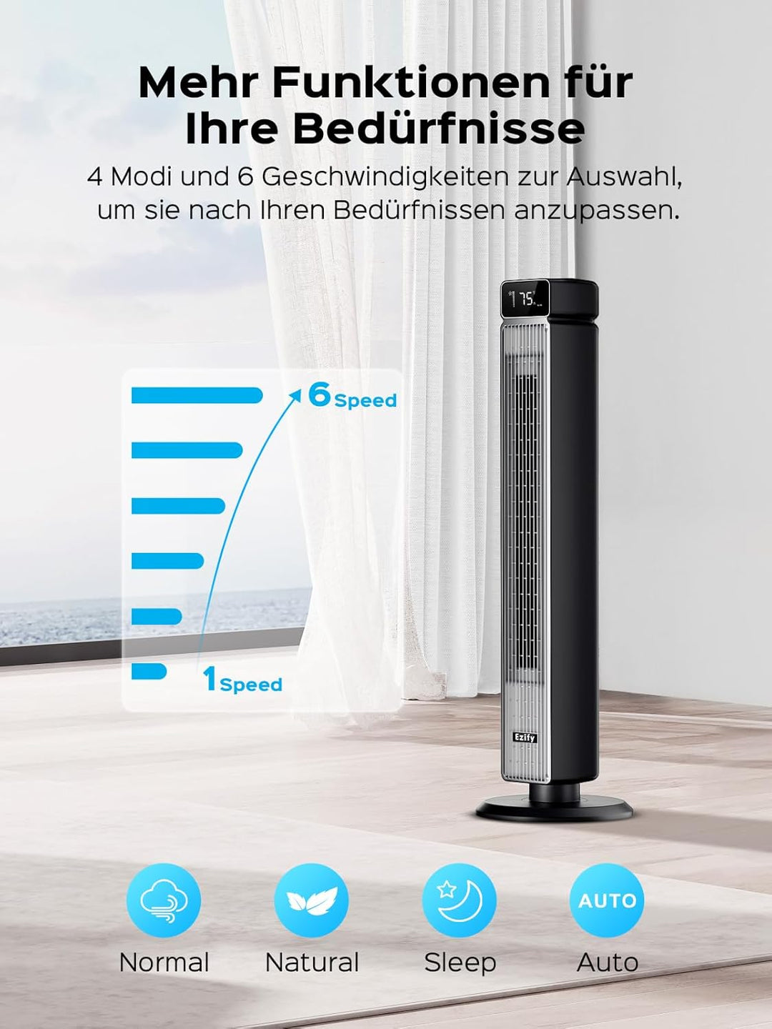 Ezify Turmventilator, 7,3 m/s Ventilator Grosser Luftdurchsatz, Turmventilator Sehr Leise mit Fernbe