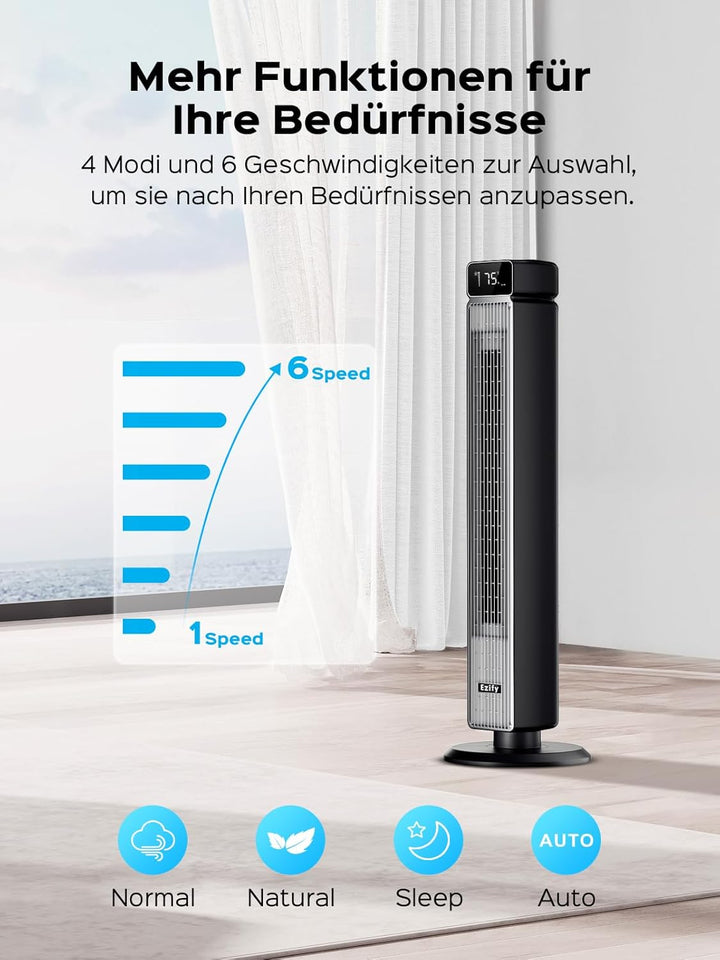 Ezify Turmventilator, 7,3 m/s Ventilator Grosser Luftdurchsatz, Turmventilator Sehr Leise mit Fernbe