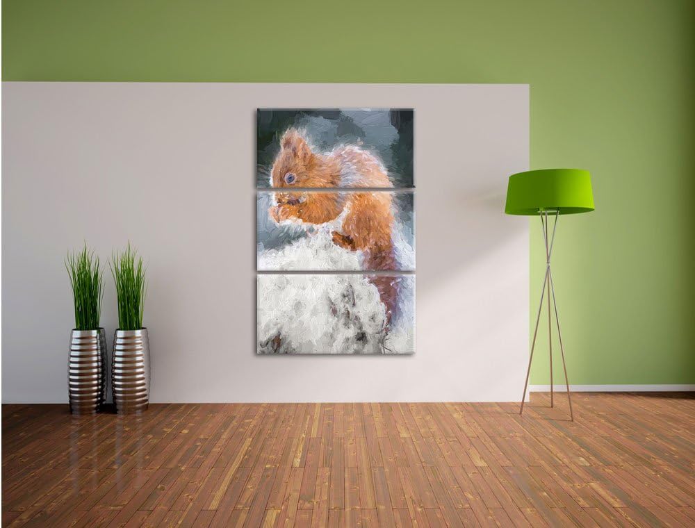 Pixxprint Kleines Eichhörnchen im Winter Pinsel Effekt 3-Teiler Leinwandbild 120x80 Bild auf Leinwan