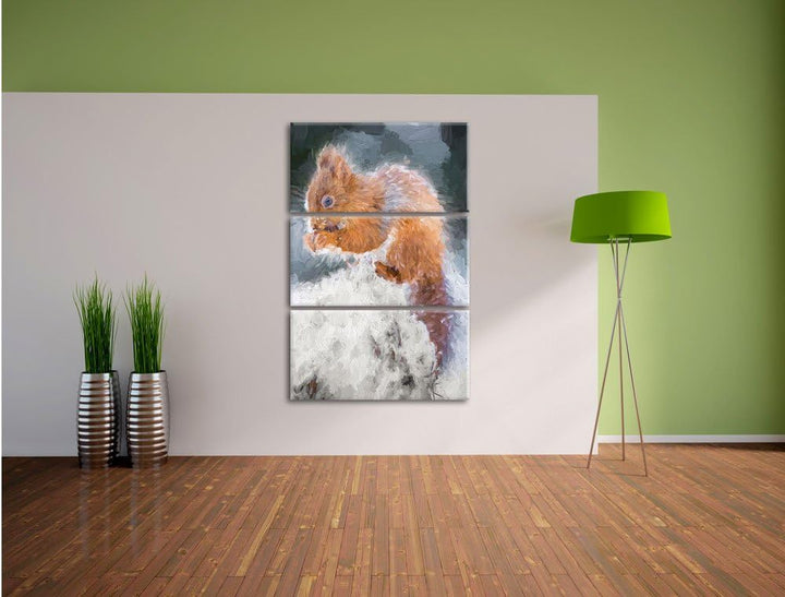 Pixxprint Kleines Eichhörnchen im Winter Pinsel Effekt 3-Teiler Leinwandbild 120x80 Bild auf Leinwan