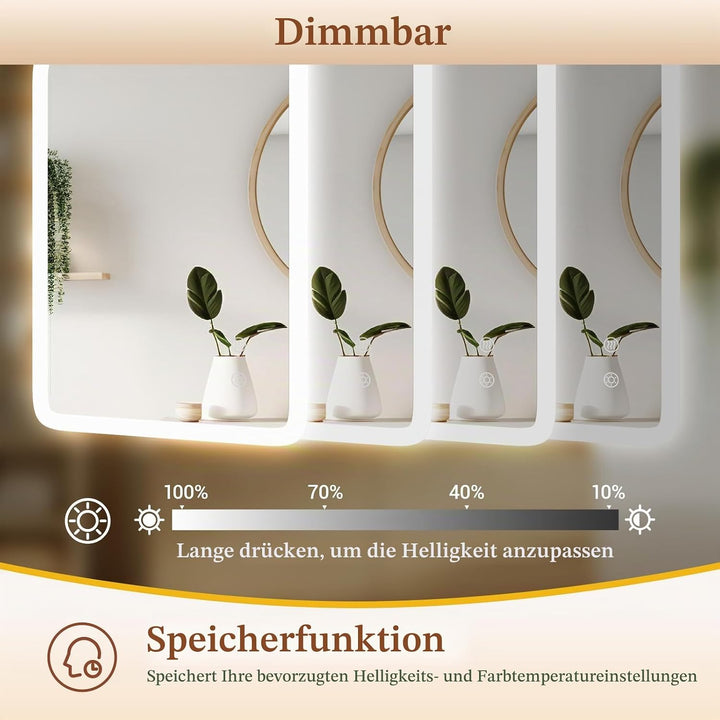 Clevich Badspiegel mit Beleuchtung 100×60 cm, LED Spiegel mit 3 Lichtfarben dimmbar, gehärtetes Glas