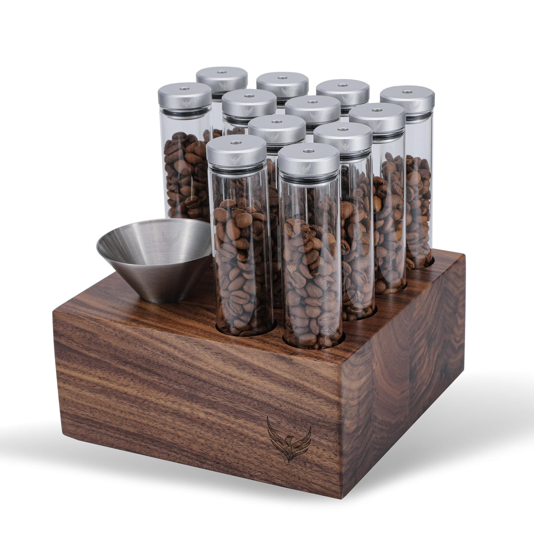 Kaffee Röhrchen Set – 12 Glasröhrchen mit Einweg-Entlüftungsventil, Walnussständer & Edelstahl-Trich