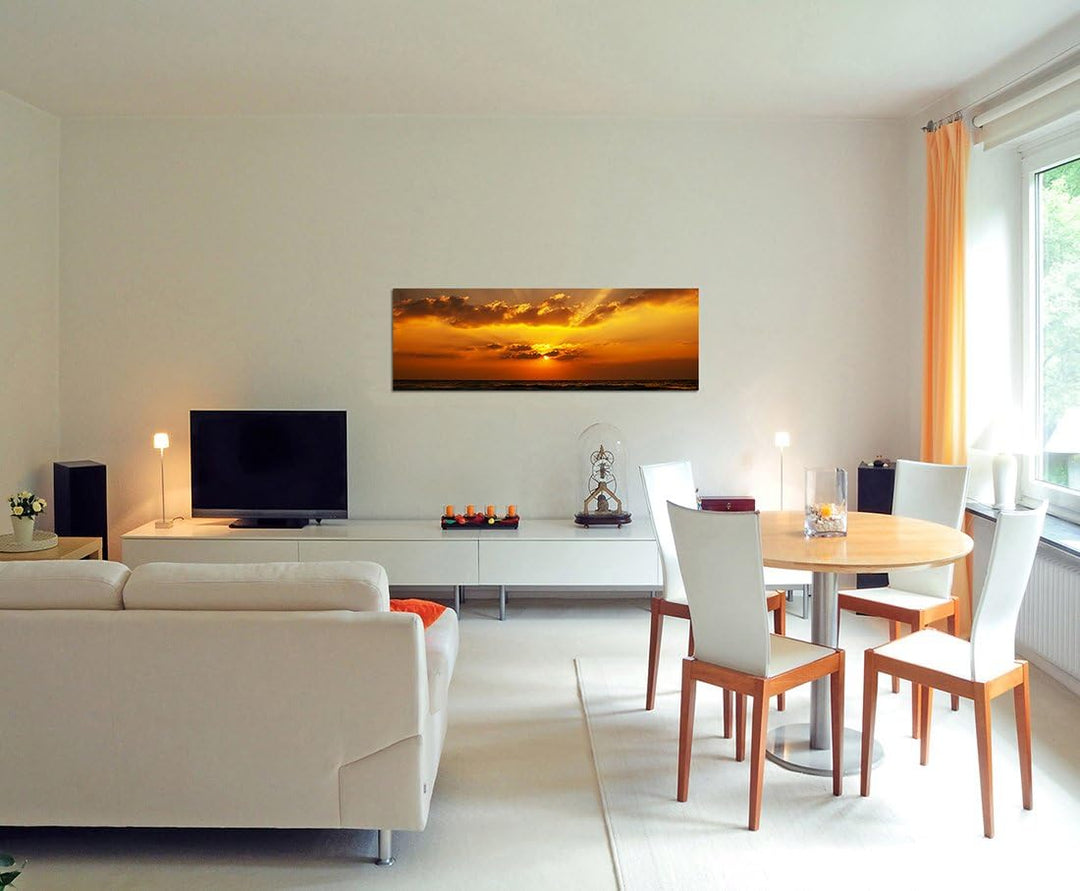 Paul Sinus Art Panoramabild auf Leinwand und Keilrahmen 150x50cm Sonnenaufgang Meer Wolkenhimmel