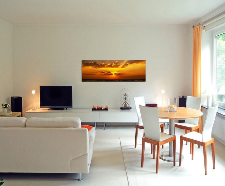 Paul Sinus Art Panoramabild auf Leinwand und Keilrahmen 150x50cm Sonnenaufgang Meer Wolkenhimmel