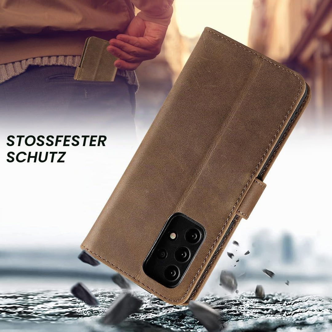 LENSUN Lederhülle für Samsung Galaxy A53, Echtleder Hülle [Echtes Leder][Stand-Funktion][RFID Schutz