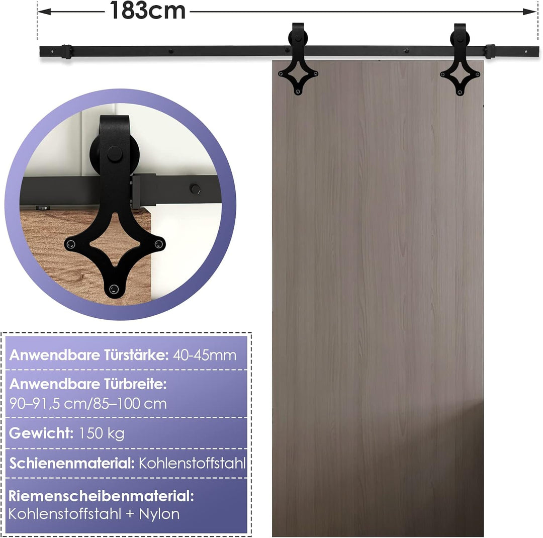 Ikodm 183cm (6FT) Schiebetürbeschlag Schiebetürsystem Schiebetür Hängeschiene Komplettset für Einzel