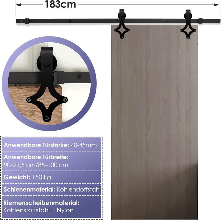 Ikodm 183cm (6FT) Schiebetürbeschlag Schiebetürsystem Schiebetür Hängeschiene Komplettset für Einzel