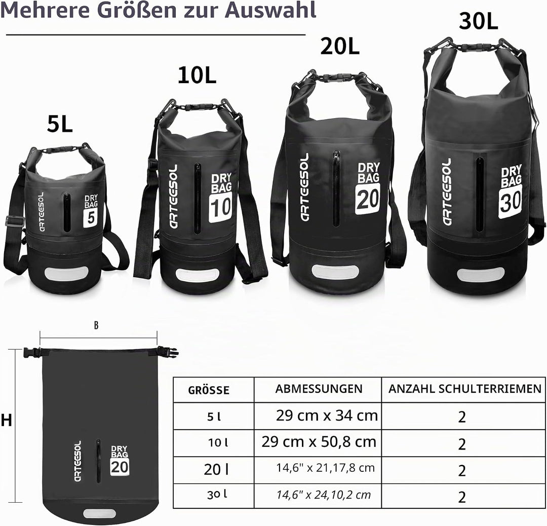 Dry Bag wasserdichte Tasche 5L/10L/20L/30L Wasserfester Beutel Packsack mit Langen Doppeltem Verstel