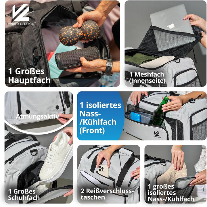 VL® Sporttasche Gross mit Schuhfach, Nassfach &amp; [Isoliertes Kühlfach] Saunatasche &amp; Reisetasche für