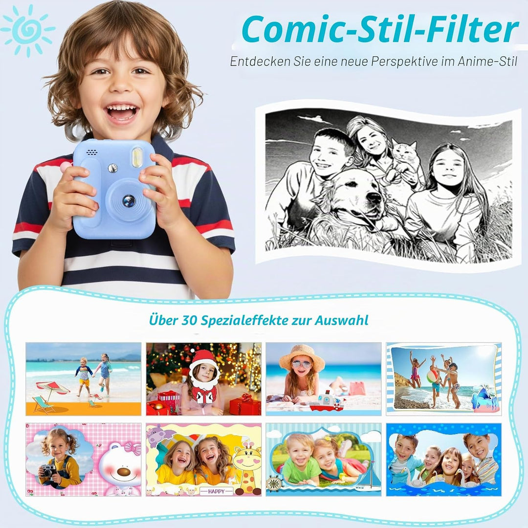 Sofortbildkamera für Kinder,1080P Kinderkamera mit 5 Rollen Druckpapier,32GB-Karte und Farbstiften,T