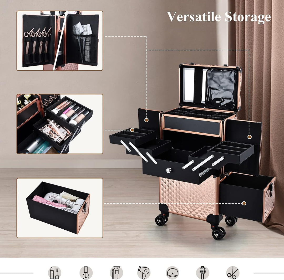Kosmetik Trolley Friseurkoffer mit Schublade und Spiegel Kosmetikkoffer mit 4 Tabletts Make up Koffe