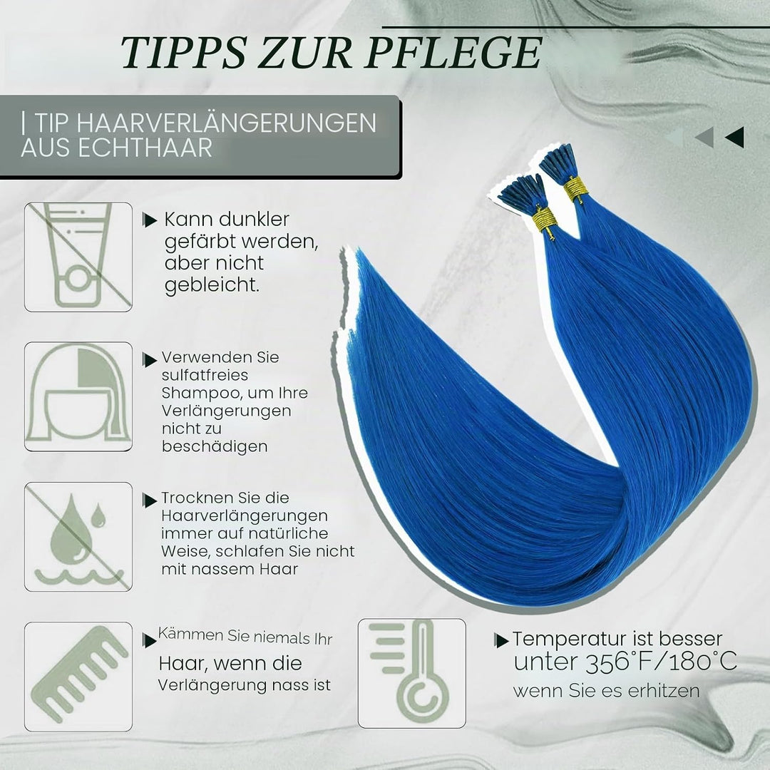 RUNATURE I Tip Extensions Echthaar Blau 45cm Pre Bonded Extension Echthaar Blau 25g 25 Strähne Haarv